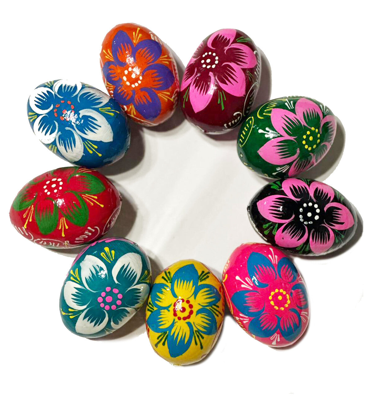 Brightly Colored Floral Pysanky Ukrainian Easter Eggs - Set of 9