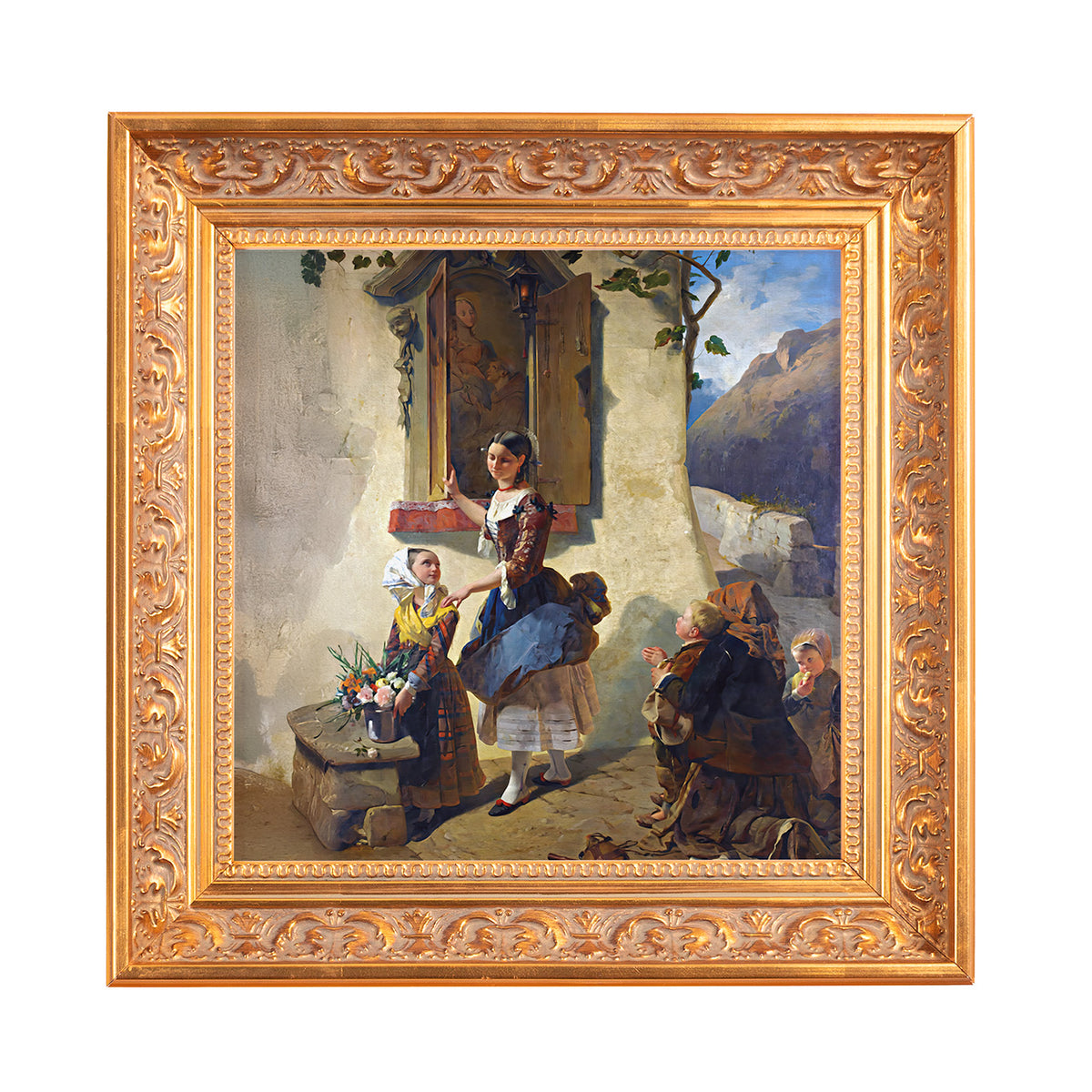 Framed oil painting of women near a house with a gold frame and rustic style.