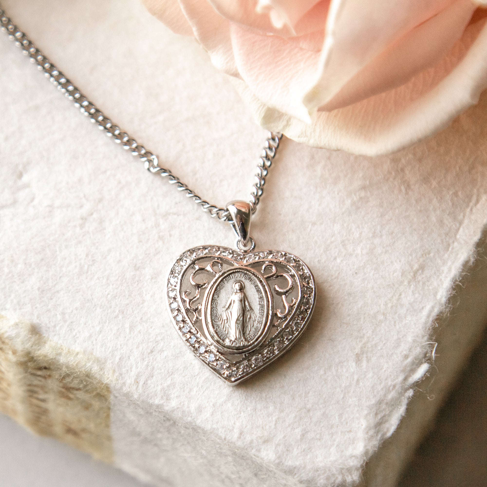 Sterling Heart & Cubic Zirconia Miraculous Medal Necklace