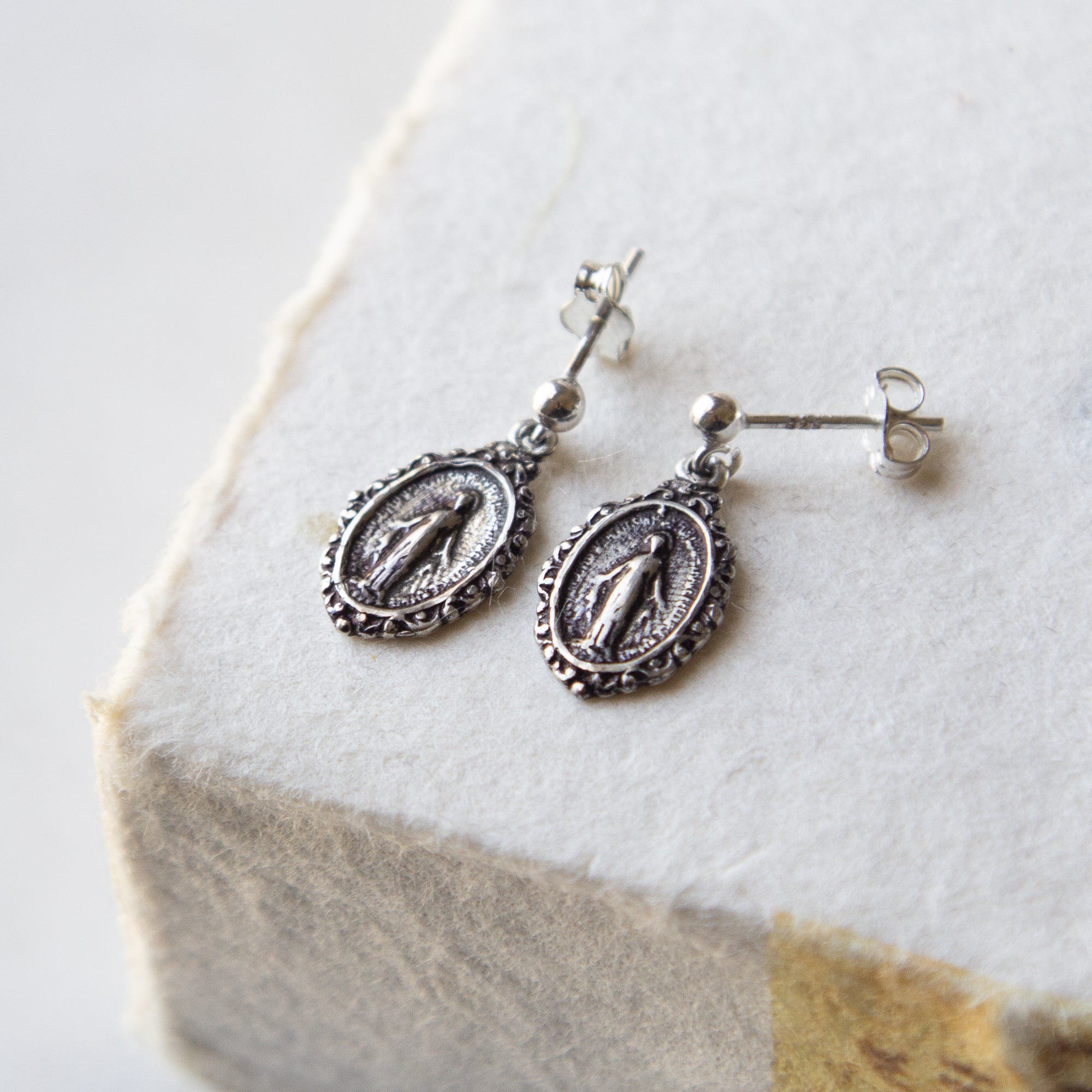 Sterling Miraculous Medal Dangle Earrings