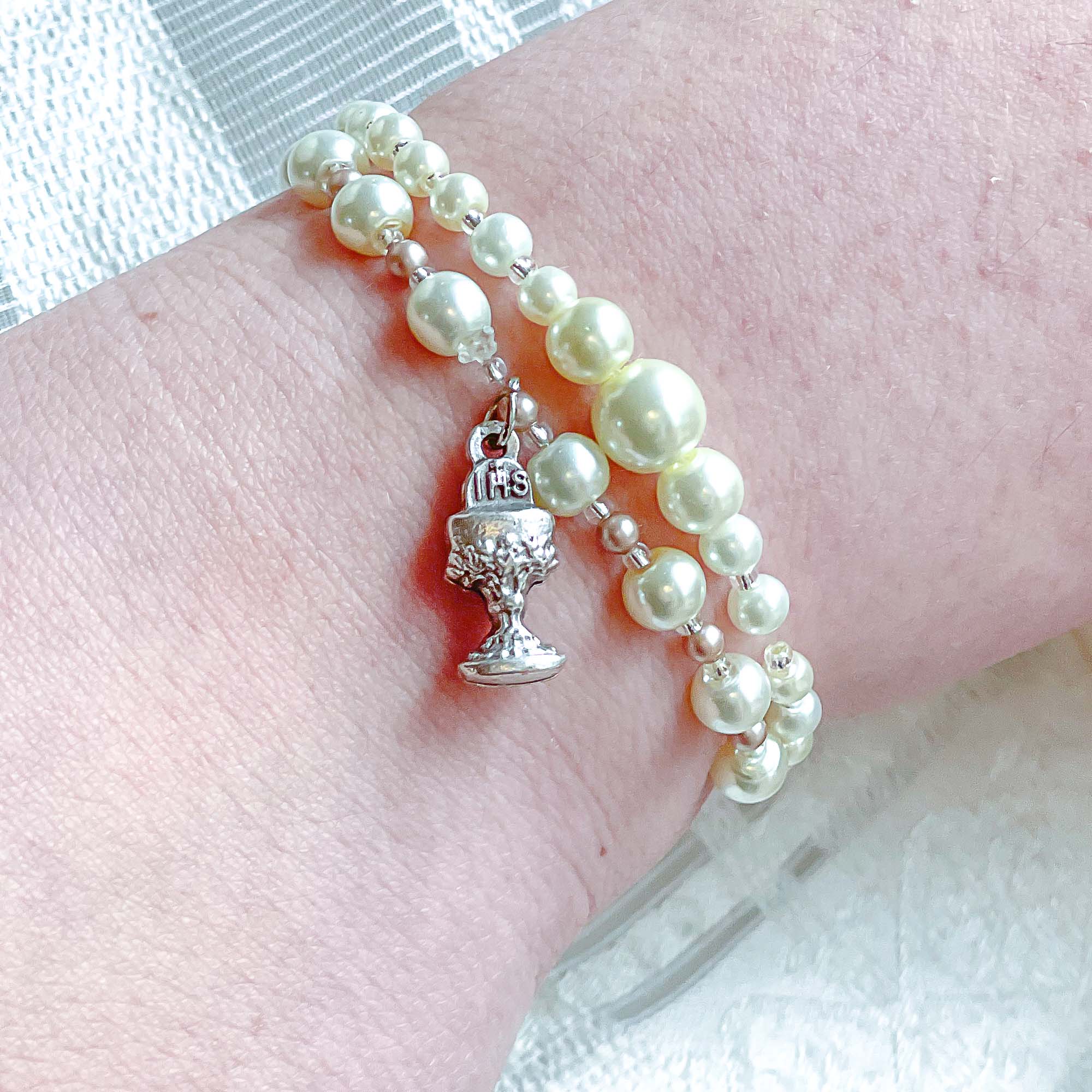 Two-Tone Pearl & Silver First Communion Bracelet Set