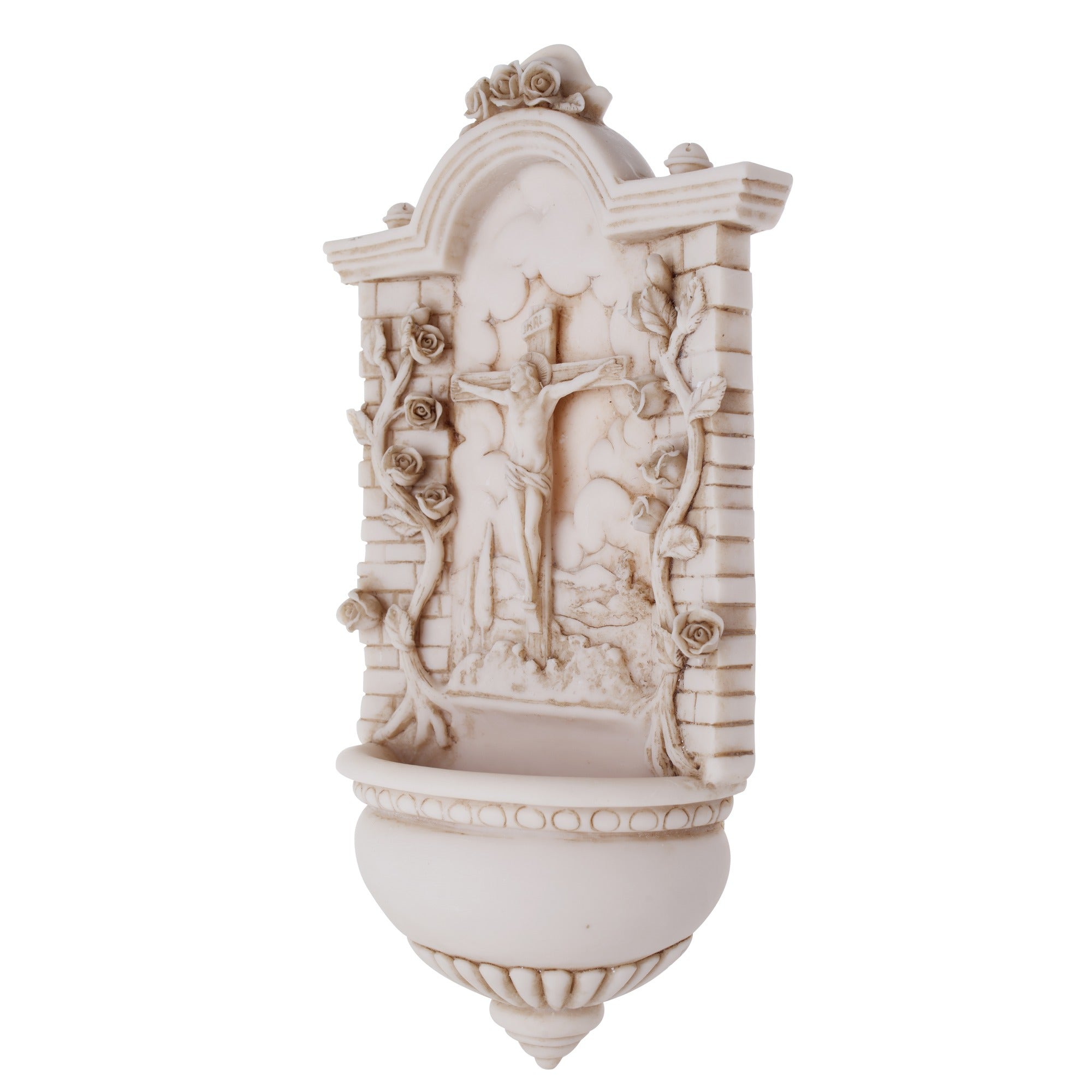 Alabaster Crucifixion w/Roses Font - 5" x 9.5"