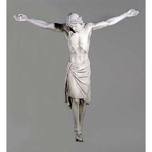 Crucifix sculpture of Jesus Christ, in a minimalist style, neutral tone.