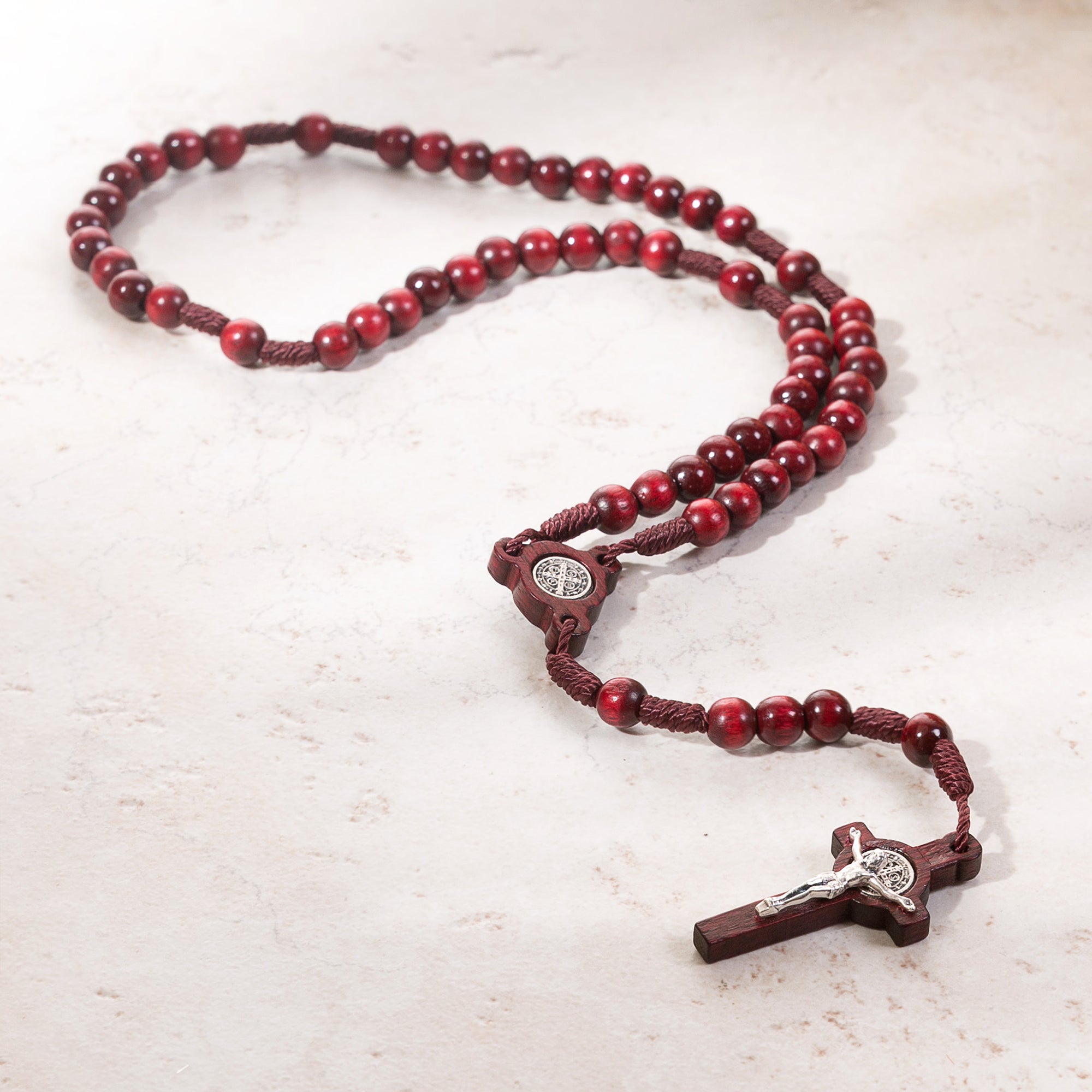 St. Benedict Mahogany Red Wood Bead Rosary