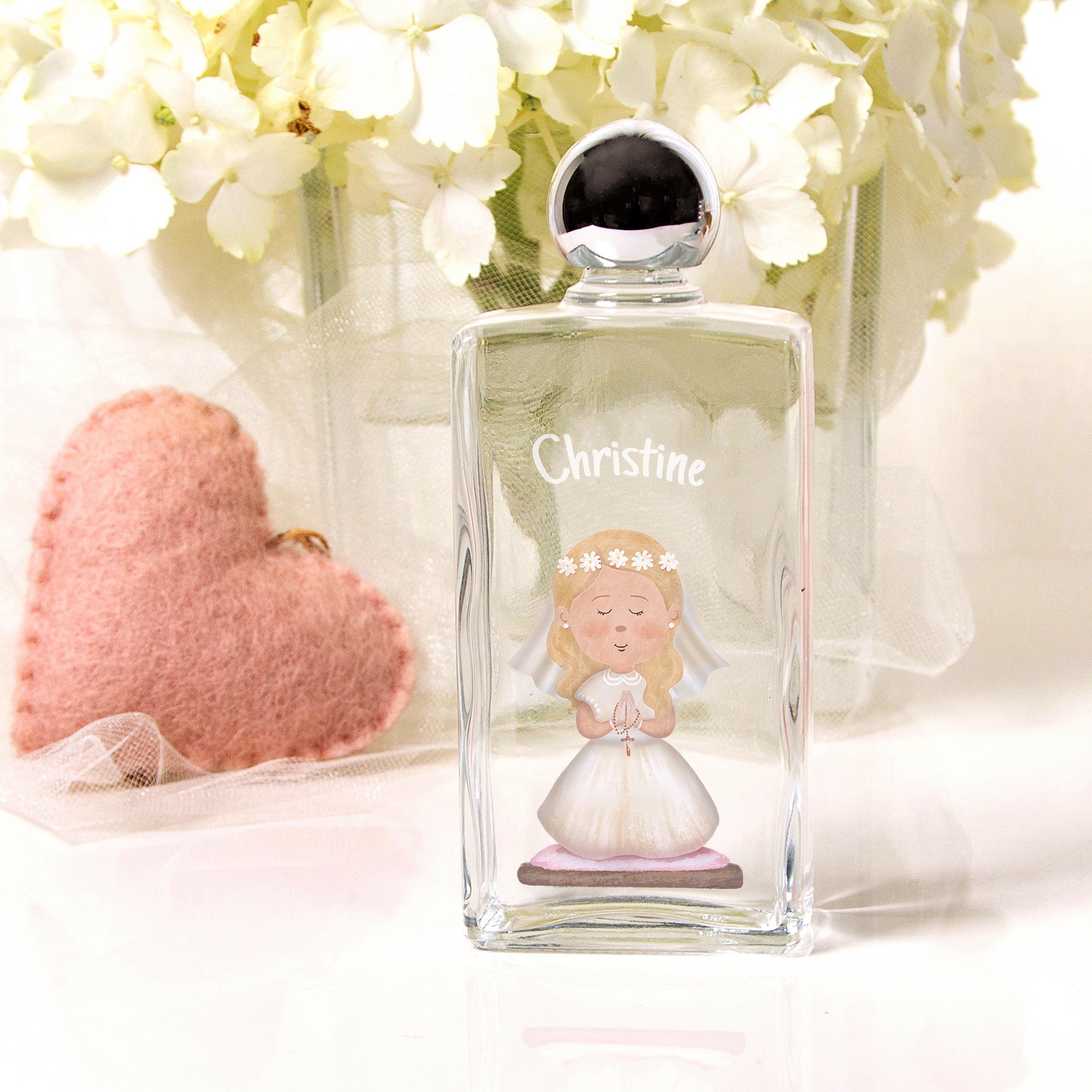 Personalized, clear glass baptism favor bottle with metal cap and printed angel girl design.