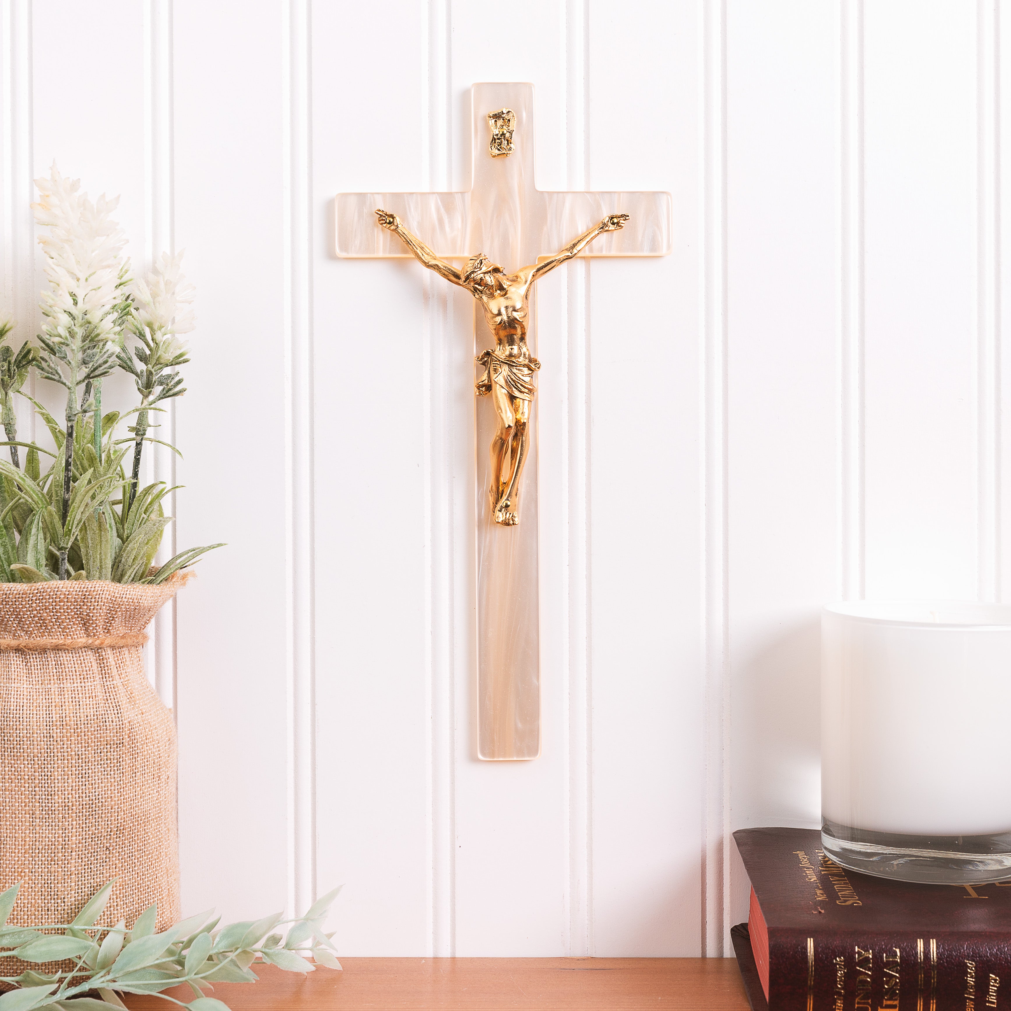Imitation Mother of Pearl & Gold Wall Crucifix - 10"