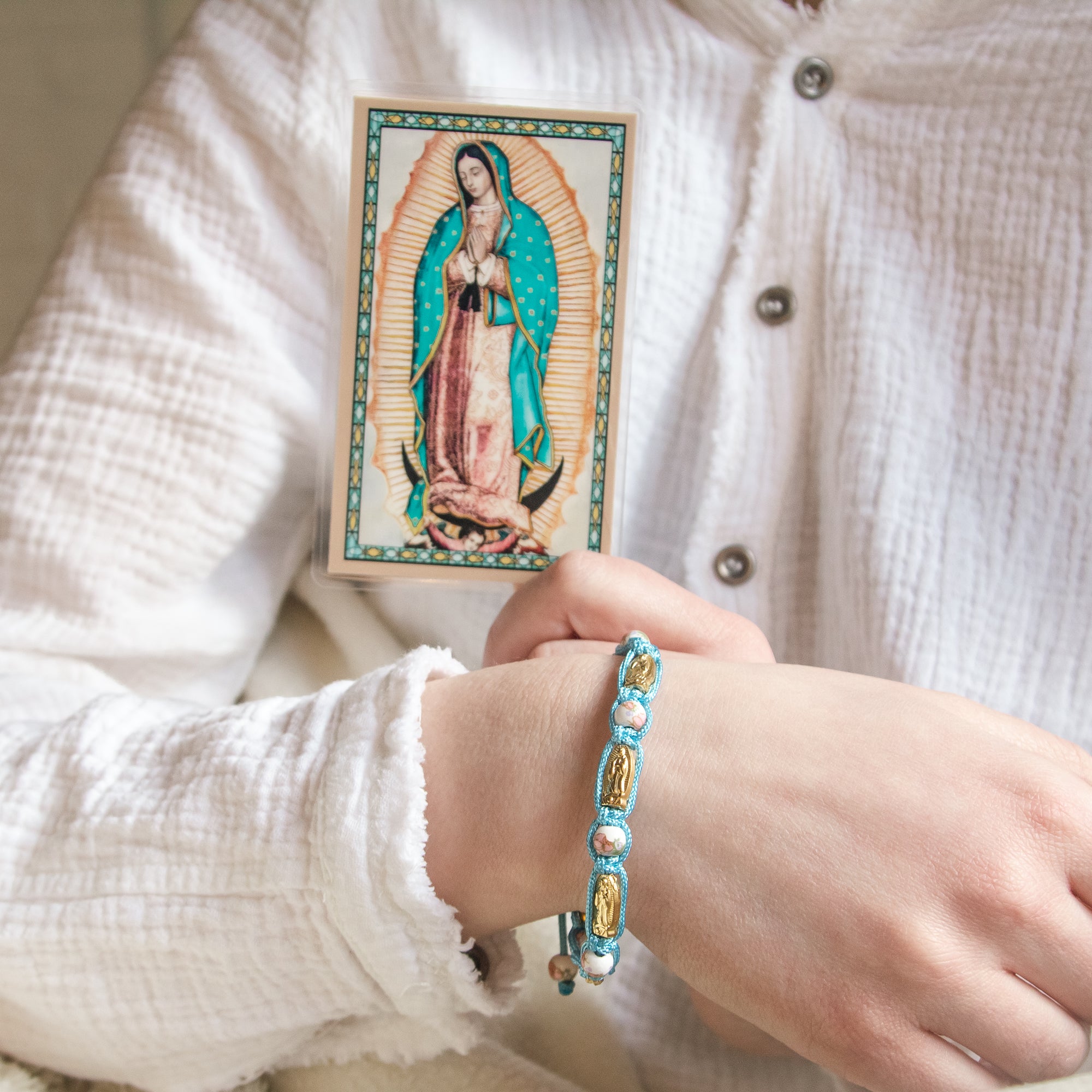 Aqua Corded Guadalupe Bracelet & Holy Card