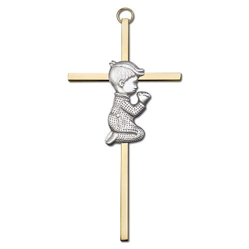 6 inch Antique Silver Praying Boy on a Polished Brass Cross