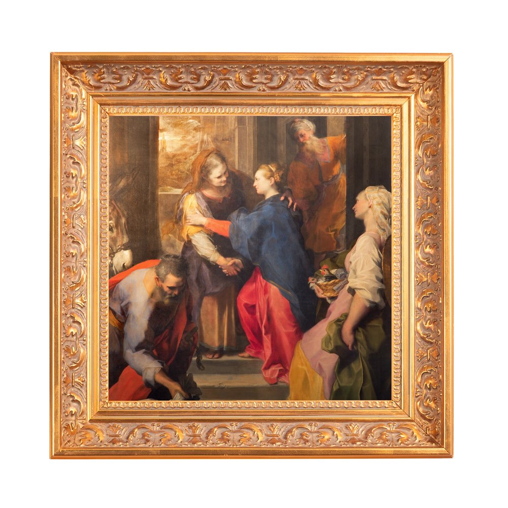 Framed oil painting of women greeting each other, in a gold ornate frame.