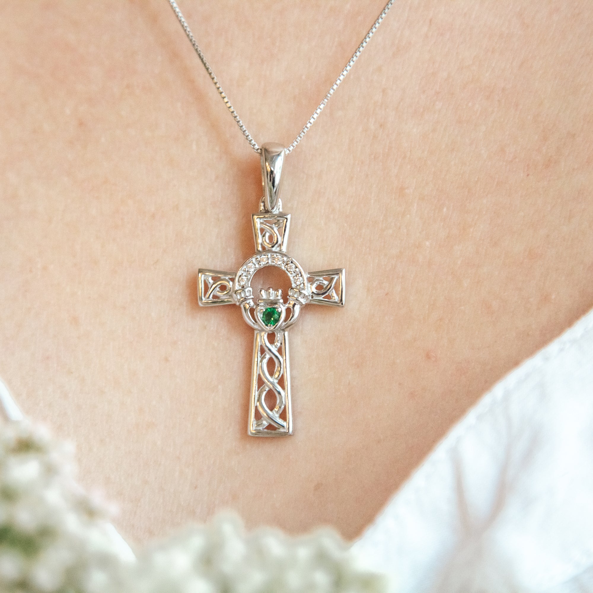 Sterling Silver Green Crystal Claddagh Cross