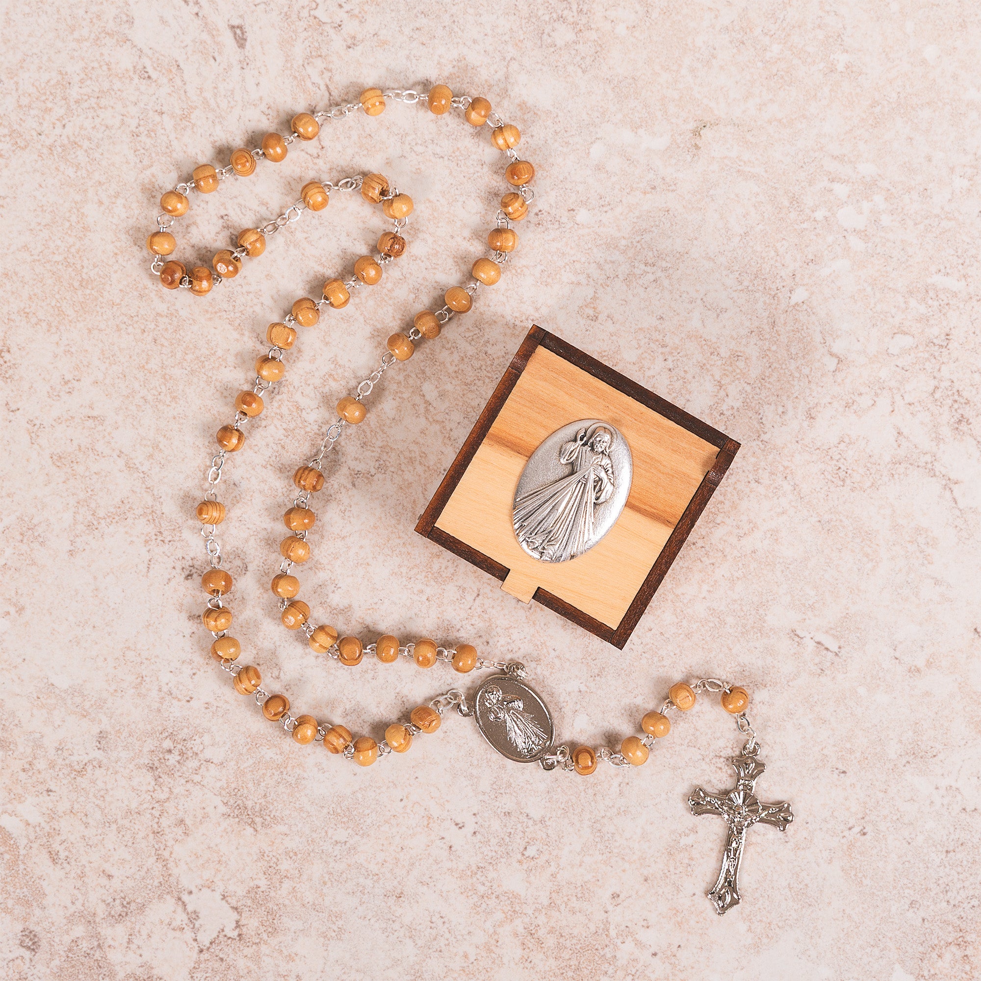 Italian Wood Rosary & Divine Mercy St. Faustina Rosary Box