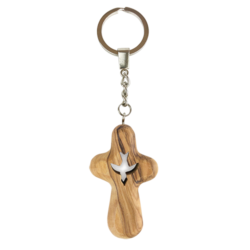Olive Wood Mini Comfort Cross Holy Spirit Keychain