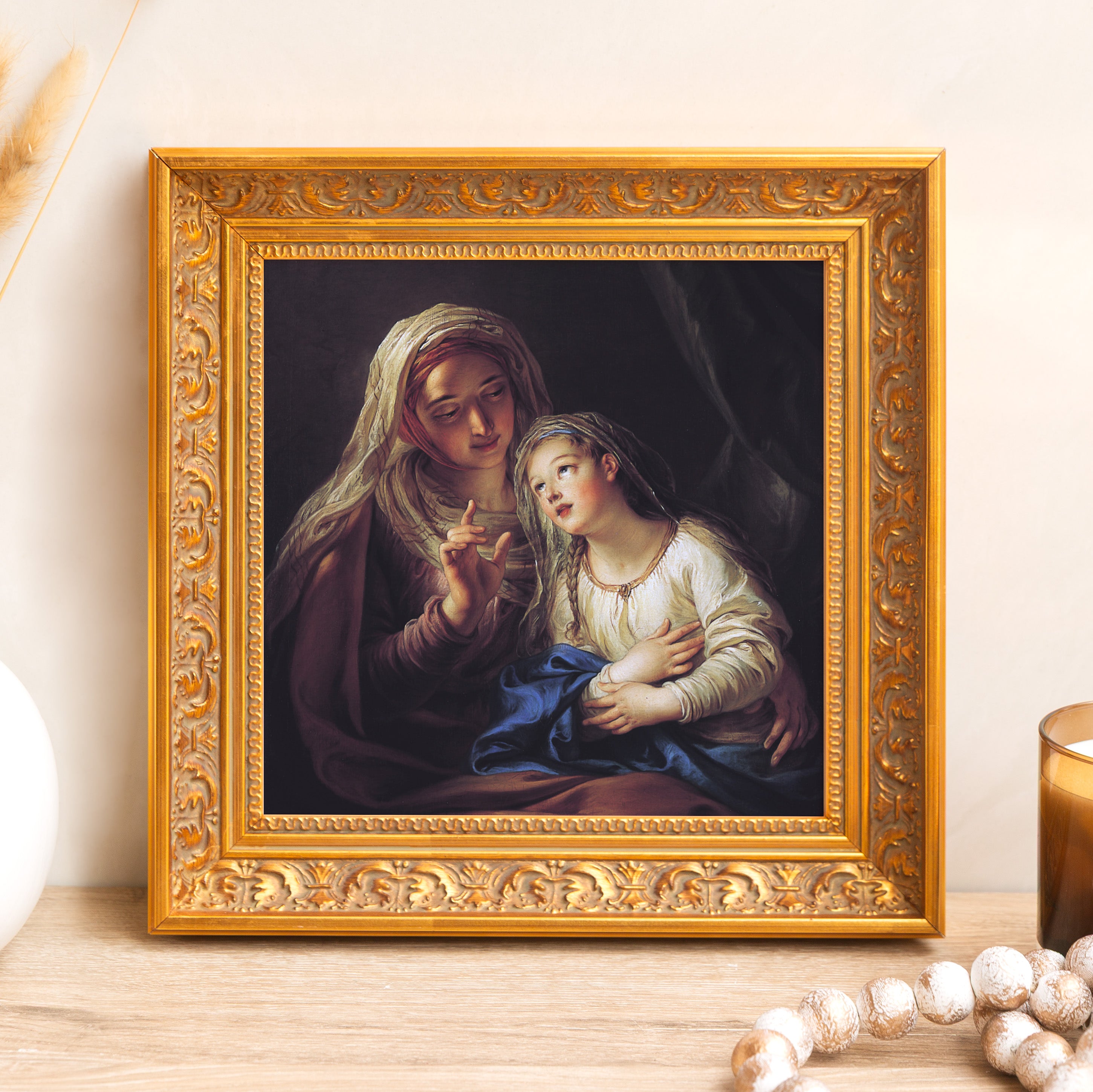 Framed oil painting of two women in gold ornate frame.