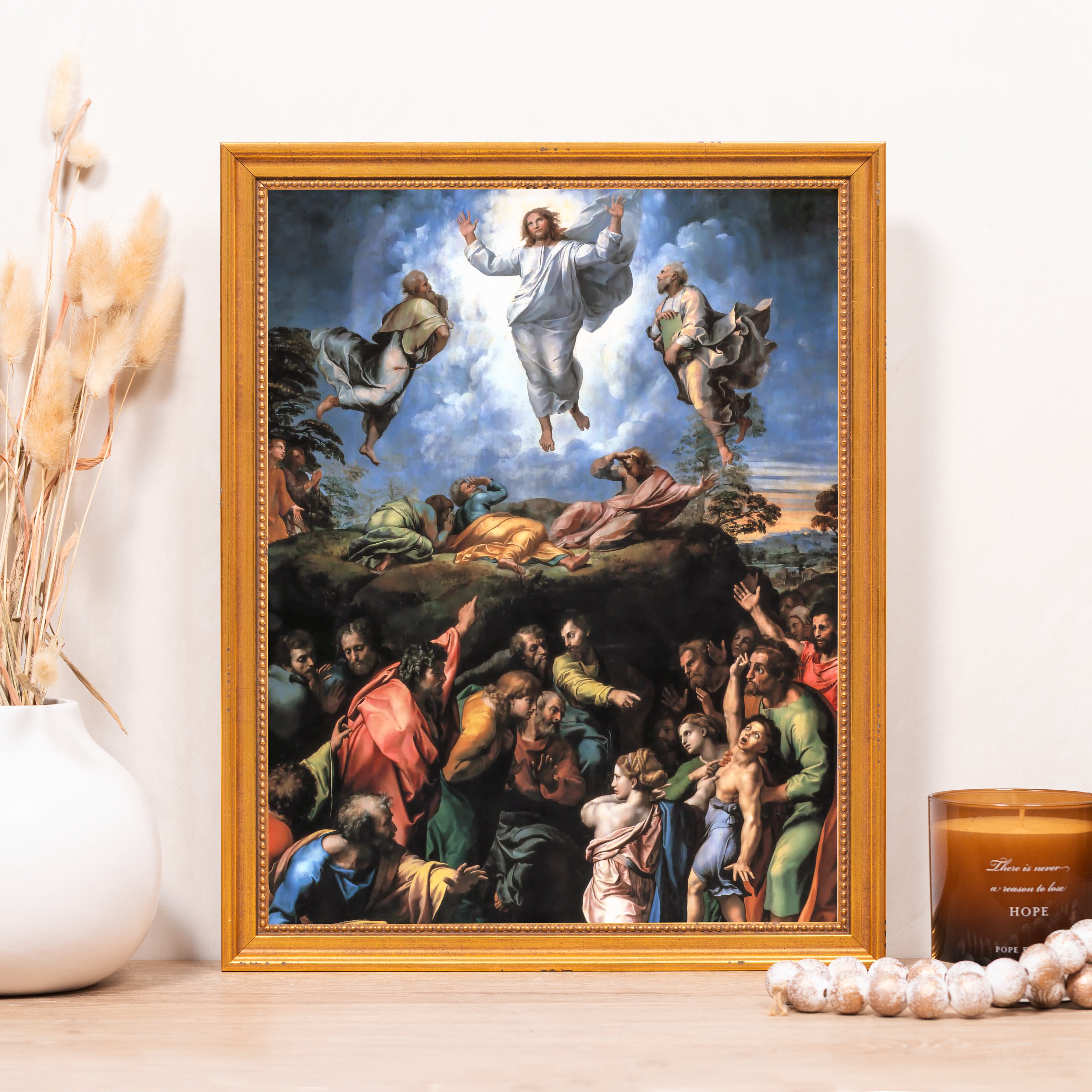 Framed canvas print of the Transfiguration of Jesus, with a classic gold frame.