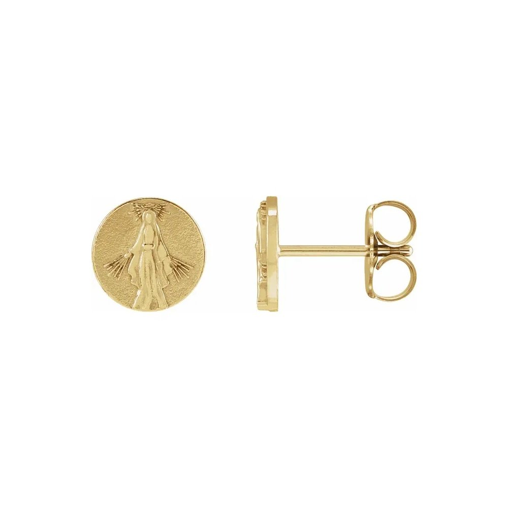 Gold Virgin Mary stud earrings with butterfly clasp.