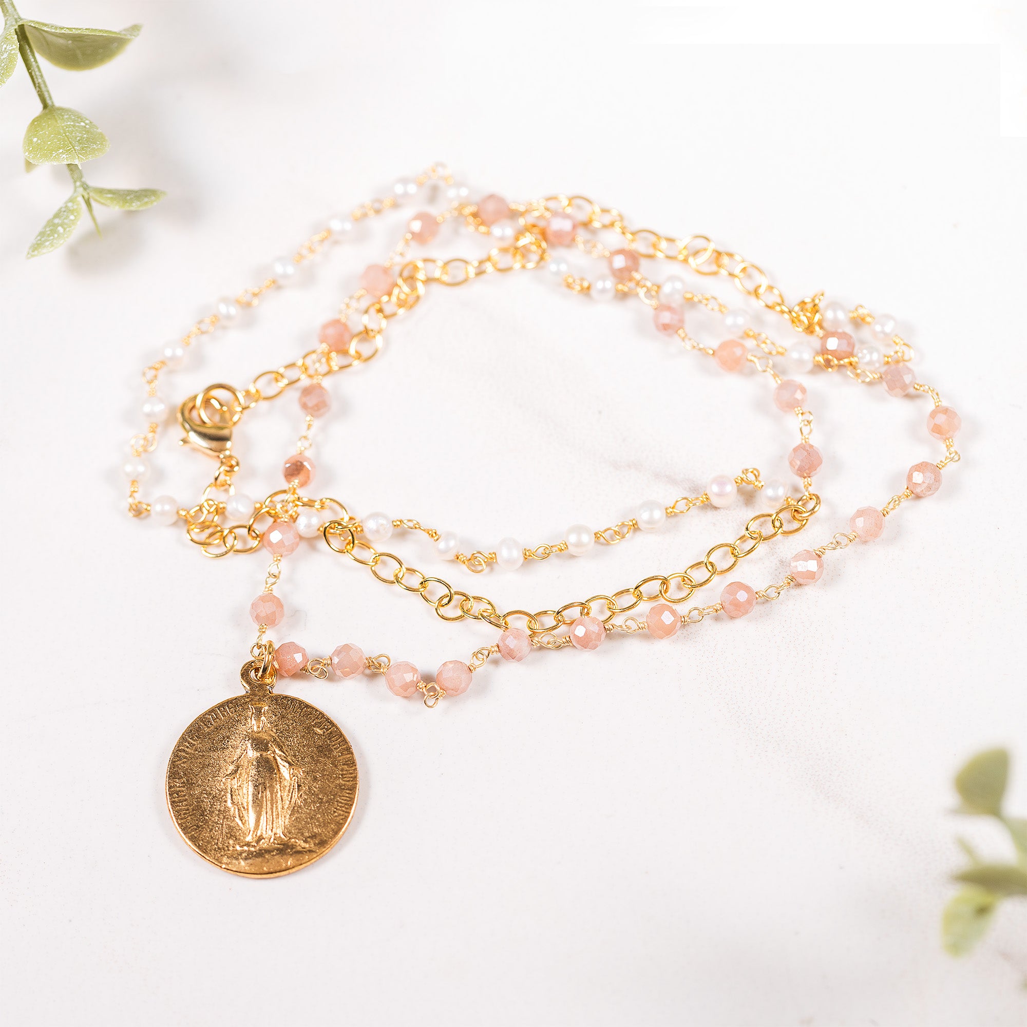 Double Strand Beaded Miraculous Medal Necklace