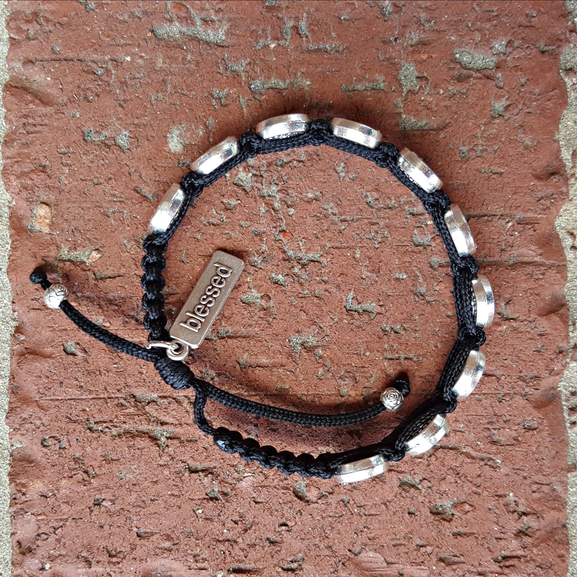 Silver Benedictine Blessing Bracelet, Black Macrame