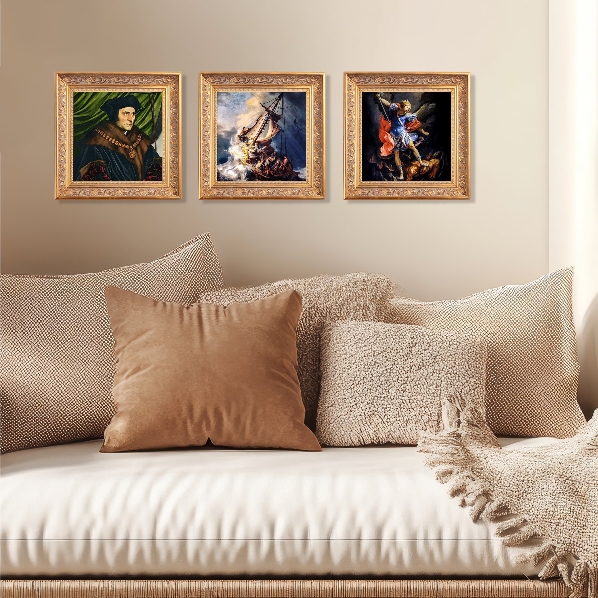 Framed, Ornate, Gold-trimmed, Renaissance-style portraits, a seascape, and Michael defeating the Devil hang above an upholstered sofa.