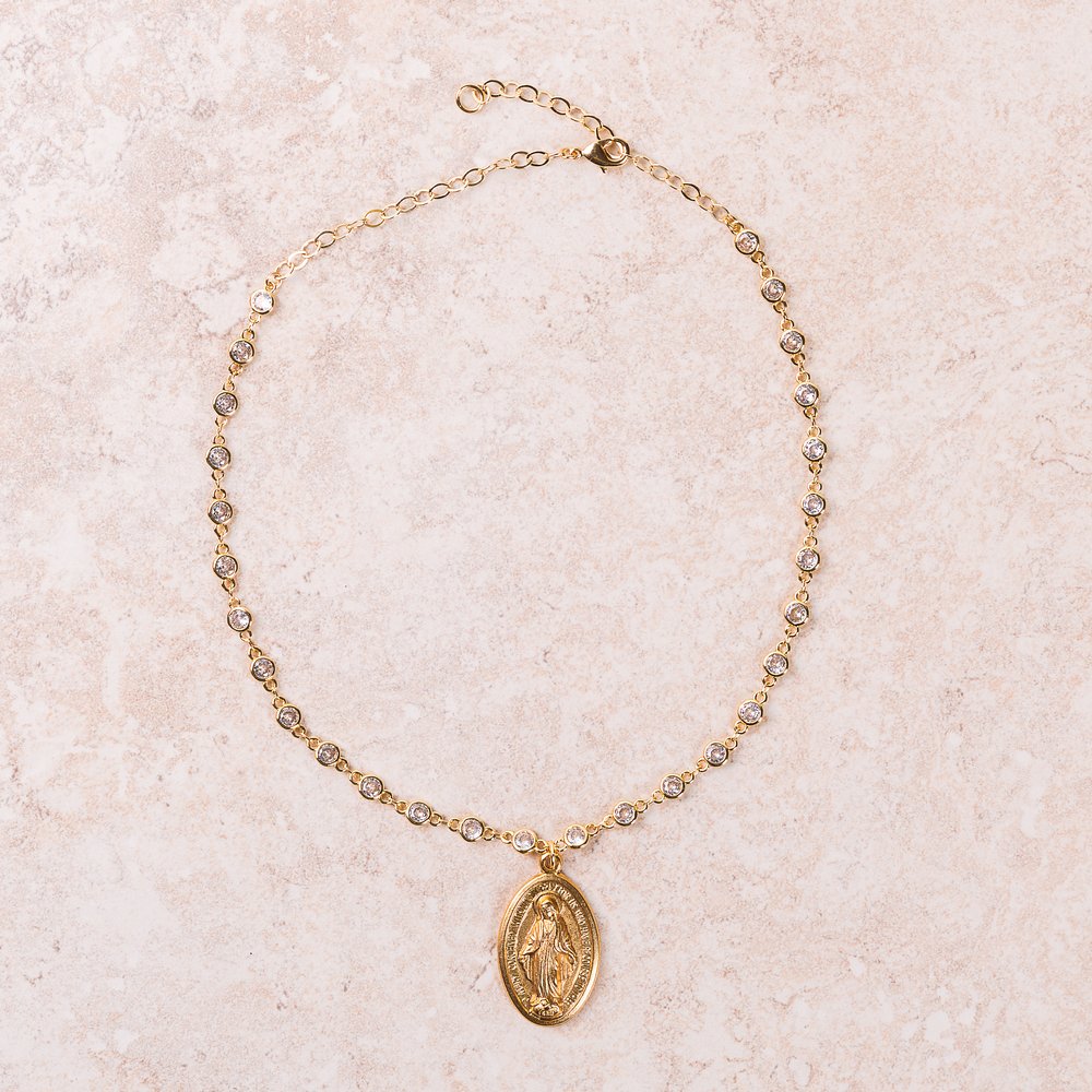 Gold & Crystal Miraculous Medal Necklace
