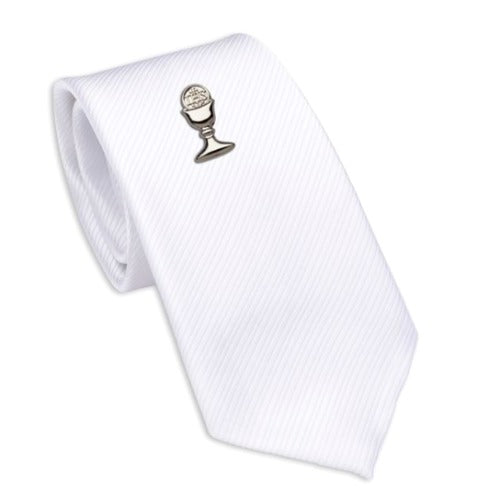 First Communion White Tie with Silver-Plated Chalice Pin