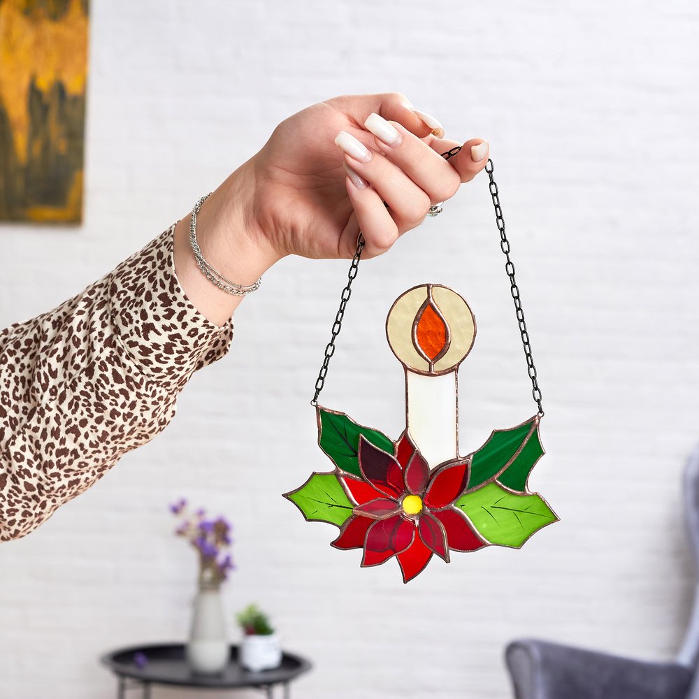 Handcrafted Christmas Poinsettia Candle Stained Glass Suncatcher