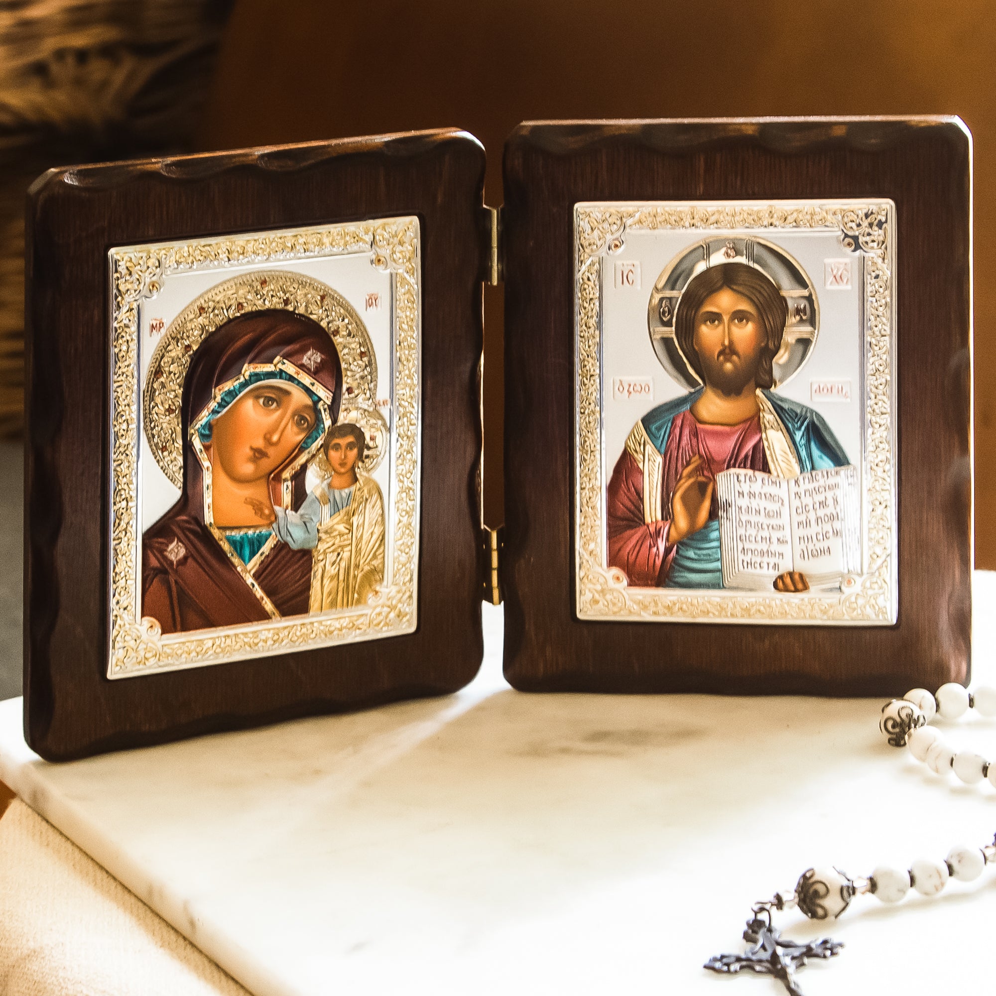 Virgin of Kazan & Christ Pantocrator Diptych on Wood