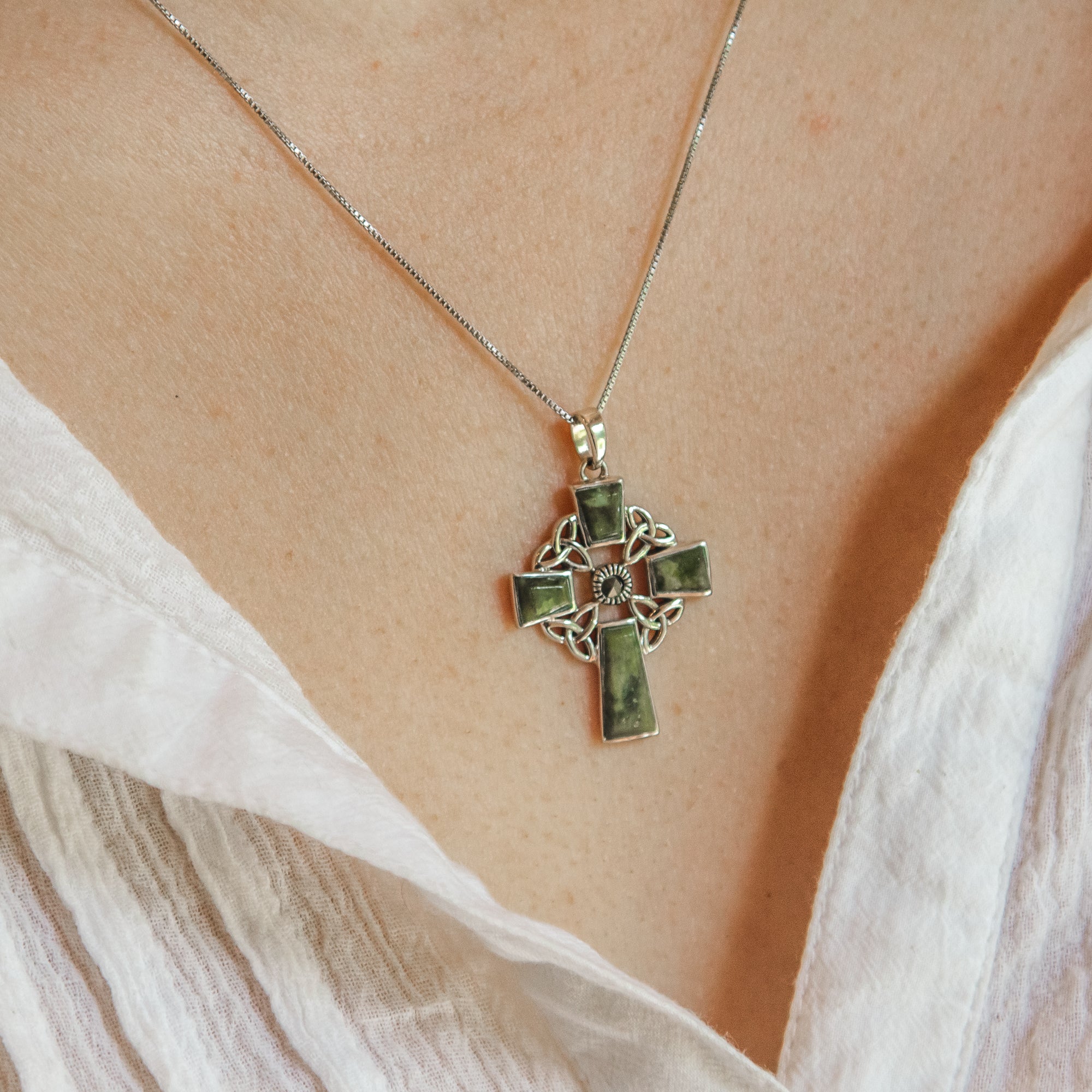 Connemara Marble Trinity Knot Cross Pendant - Sterling Silver on 18 inch chain