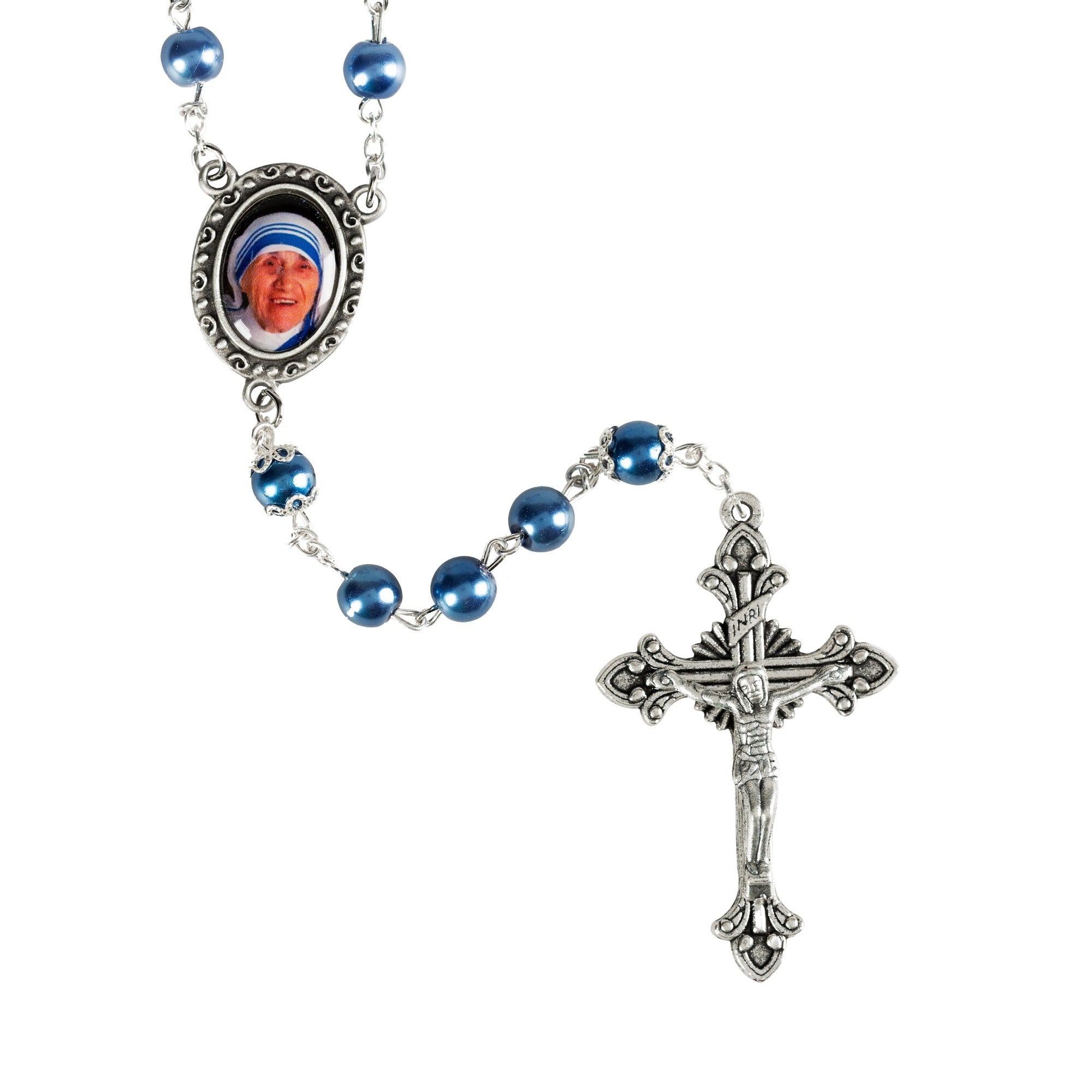 Turquoise Glass Bead Rosary Necklace – 30in Silver Cross Pendant – Faux Pearl Accents – Religious Jewelry