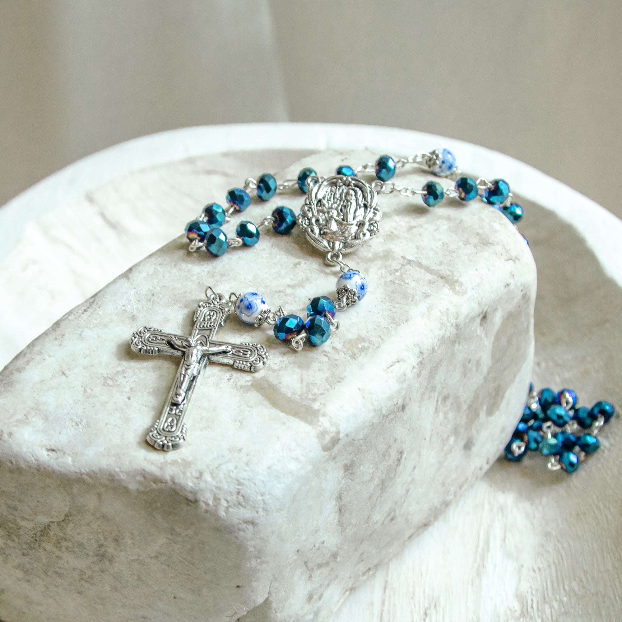 Blue Sunburst Lourdes Water Rosary