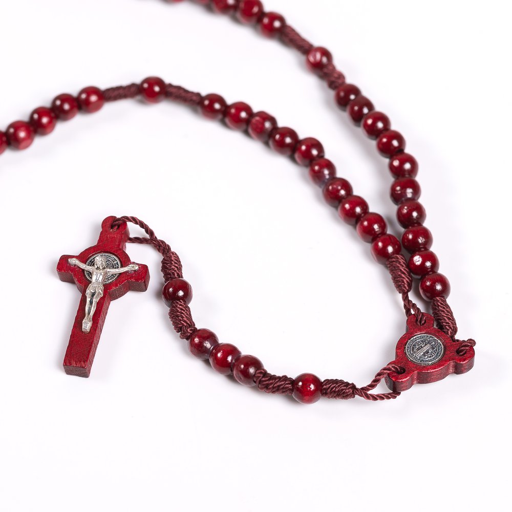 St. Benedict Mahogany Red Wood Bead Rosary
