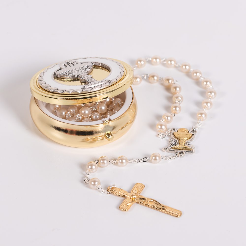 First Communion Gold, Silver & Pearl Rosary with Keepsake Box