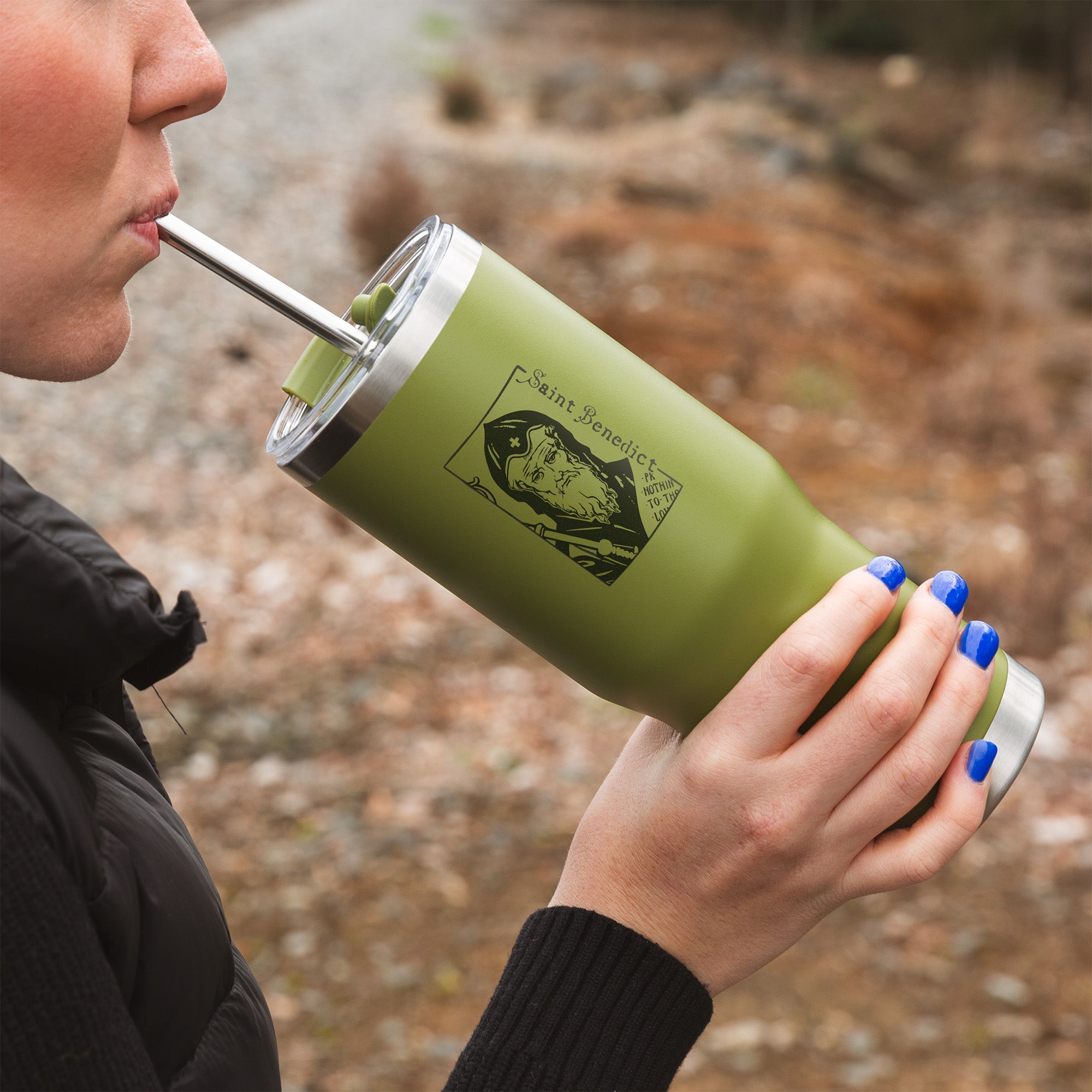 Green St. Benedict Stainless Steel Tumbler with Straw