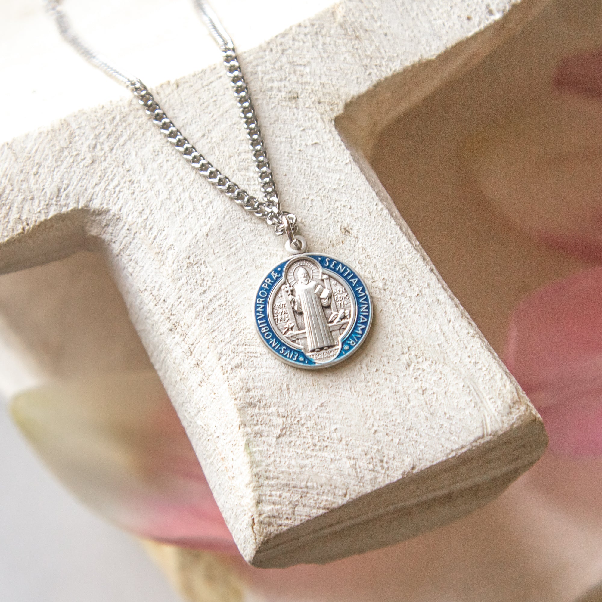 Sterling & Blue Enameled St. Benedict Medal Necklace - 18"