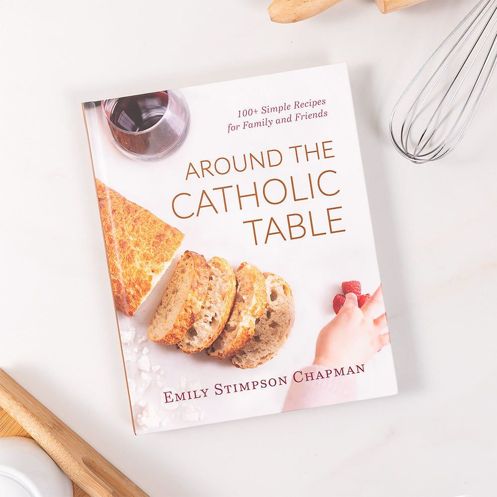 Around the Catholic Table Cookbook and Laughter Padre Pio Watercolor Dishtowel Gift Set