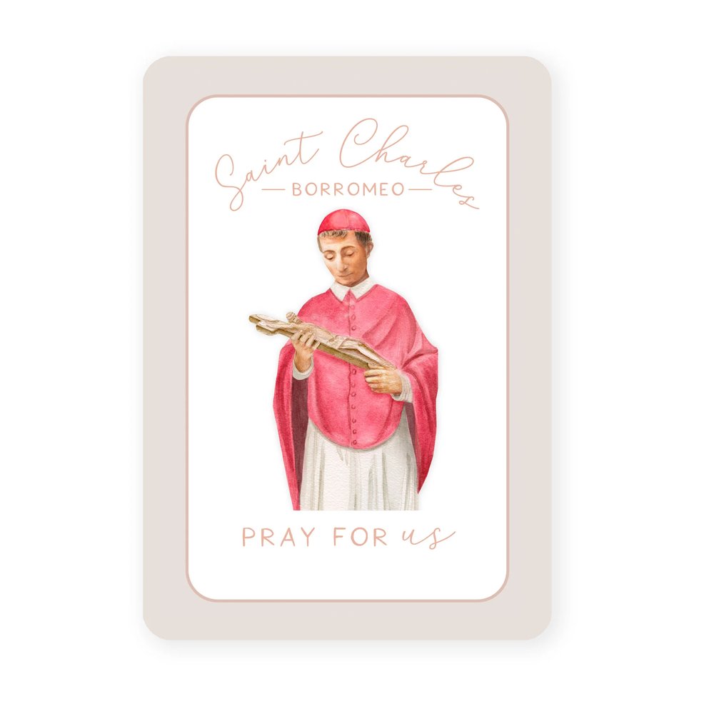 Saint Charles Borromeo prayer card with an illustration of him holding a crucifix, pink text and border.