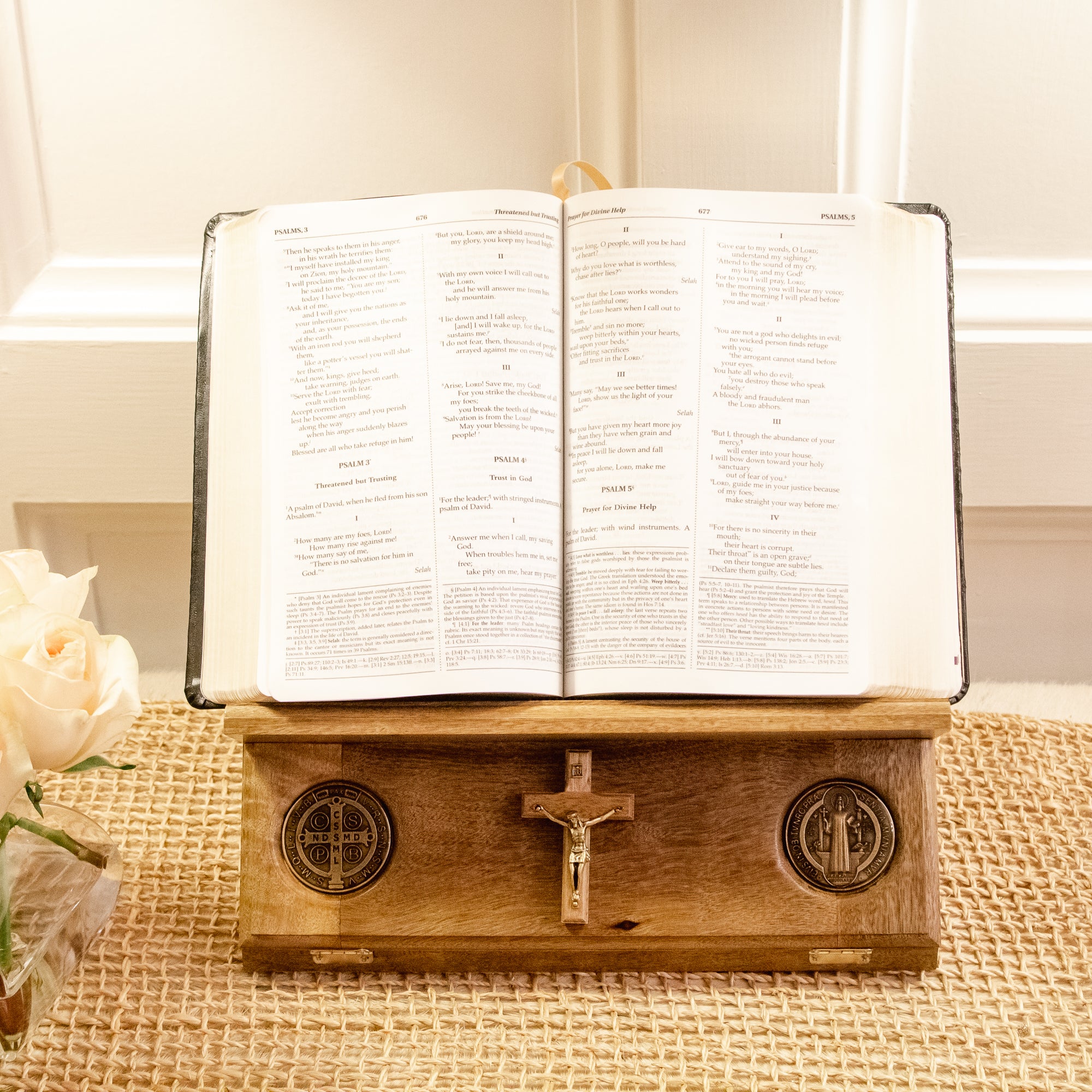 Wooden St. Benedict Medal Bible Stand
