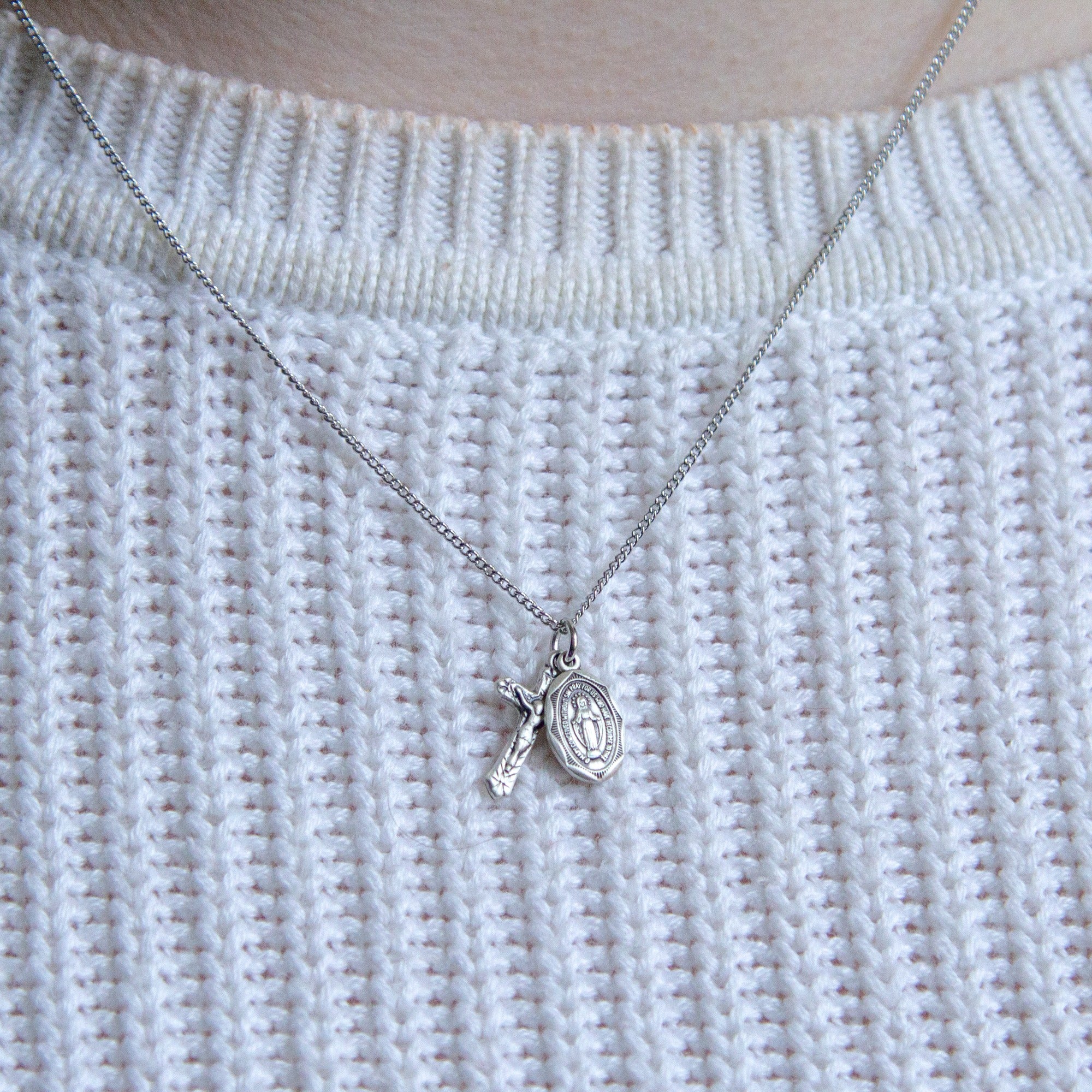 Petite Sterling Miraculous Medal & Crucifix Necklace
