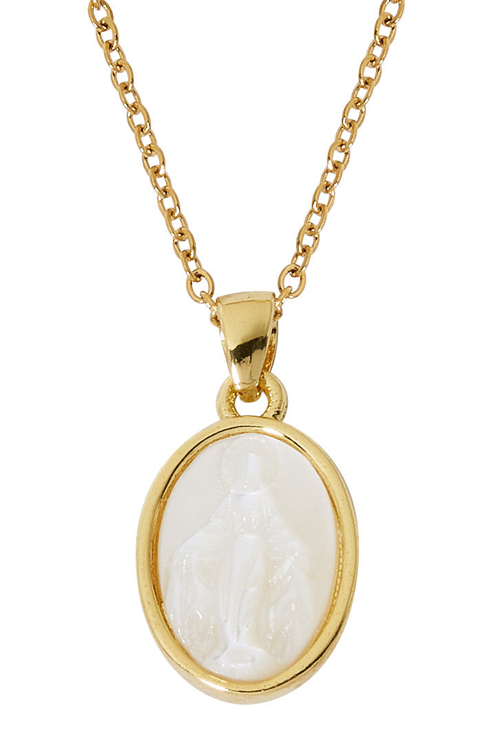 Gold Plated Mother of Pearl Our Lady of Grace Necklace