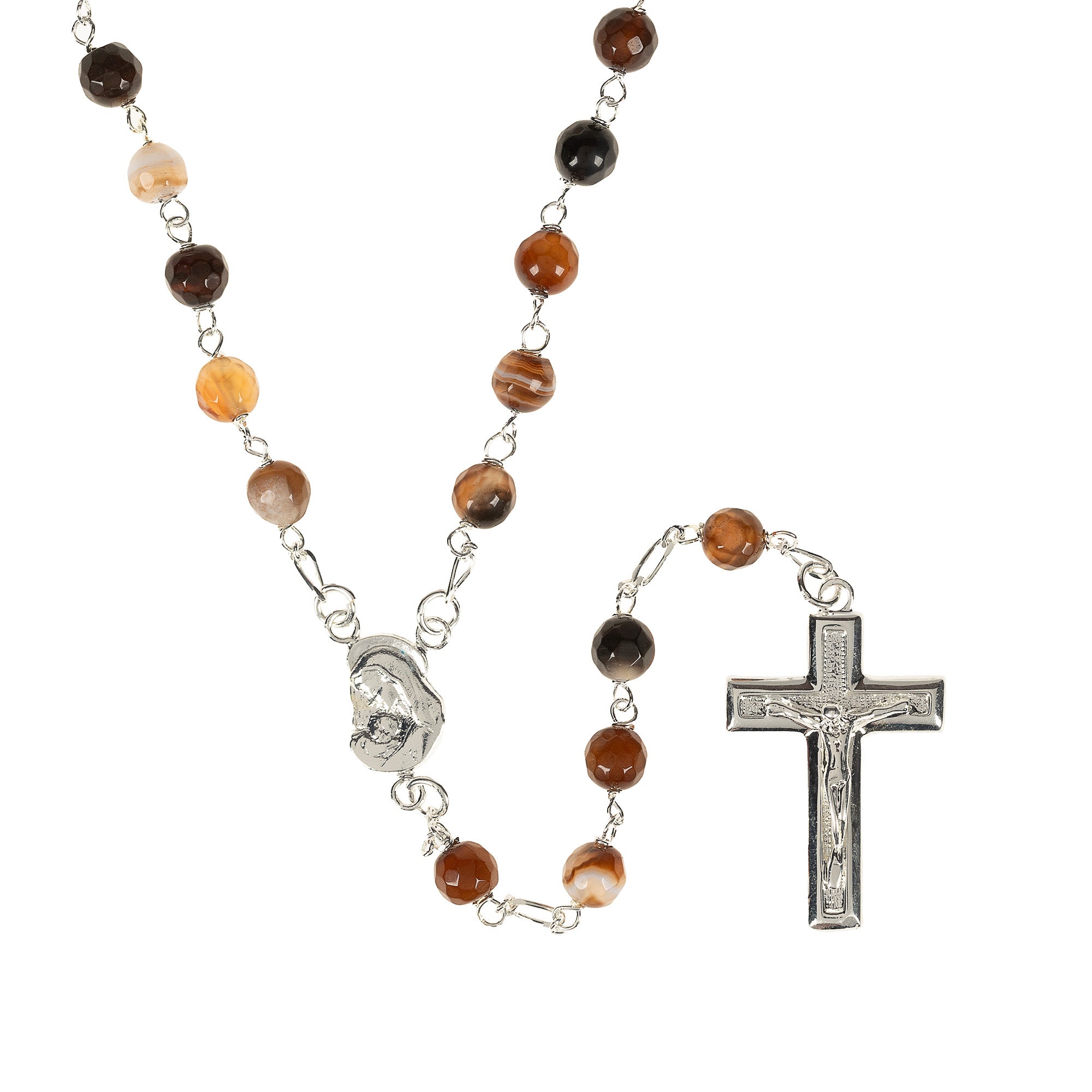 Rosary with brown stone beads, silver links, crucifix, and centerpiece.