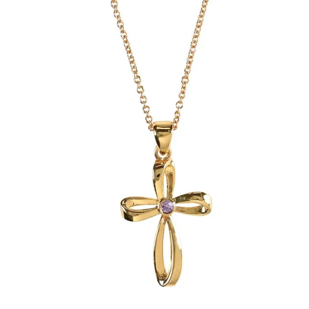 Gold necklace with looped cross pendant and small purple stone at center.