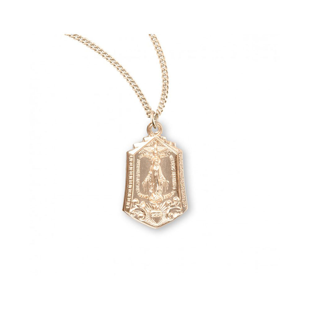 Gold-tone religious necklace with Virgin Mary design on a hexagonal pendant with floral details and text engraving.
