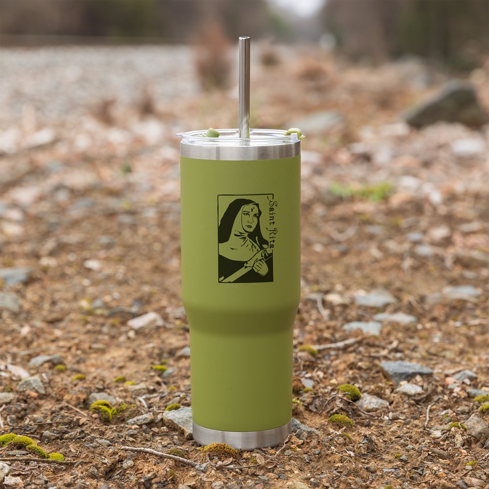 Green St. Rita Stainless Steel Tumbler with Straw