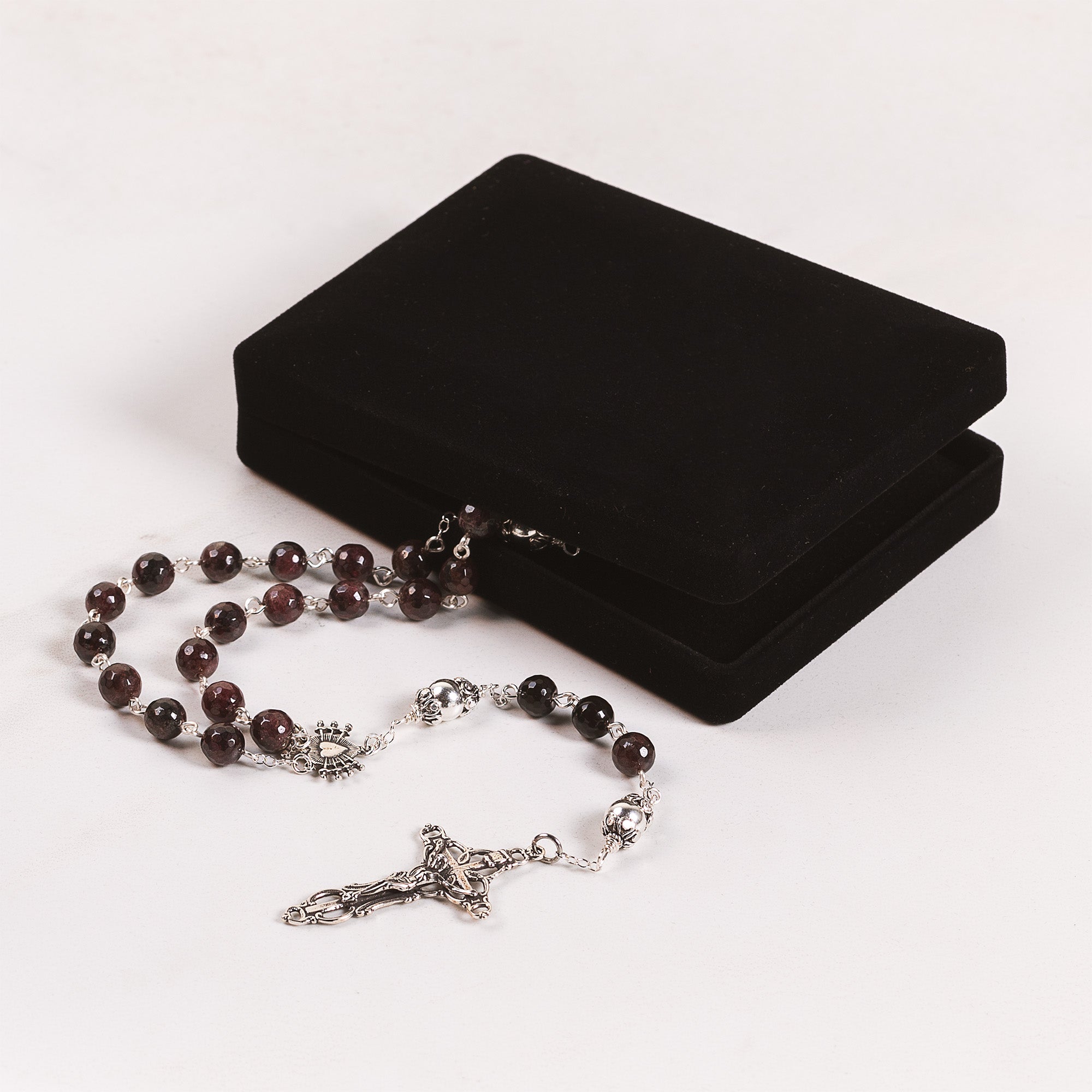 Sterling Silver Seven Sorrows Garnet Rosary, 7mm