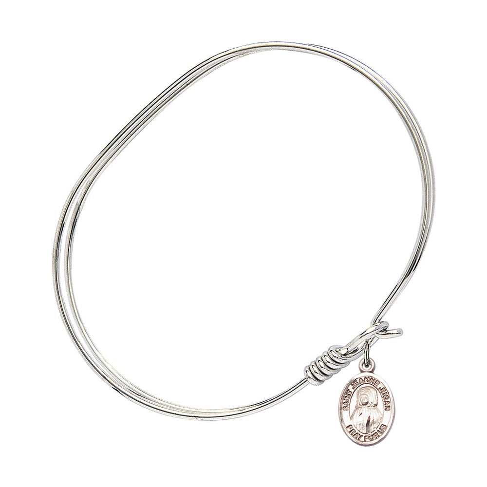 Adult 7" Oval Rhodium Plated Bangle Bracelet with St. Jeanne Jugan Medal Charm