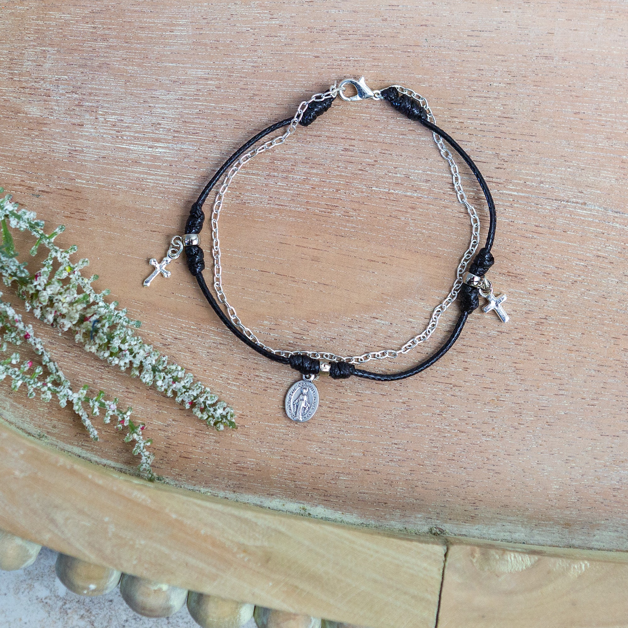 Double Strand Black & Silver Anklet with Charms