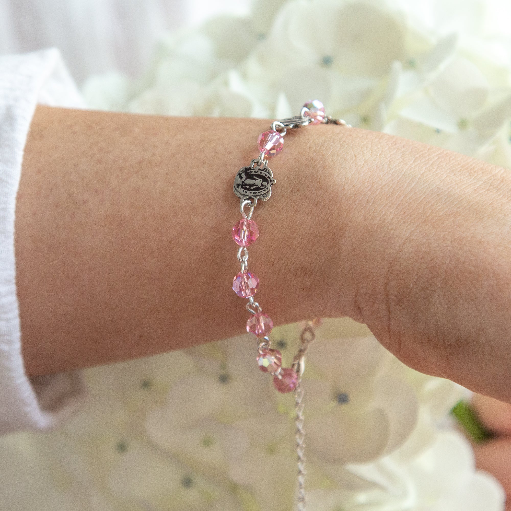 Sterling Silver Pink Swarovski Rosary Bracelet with Roses