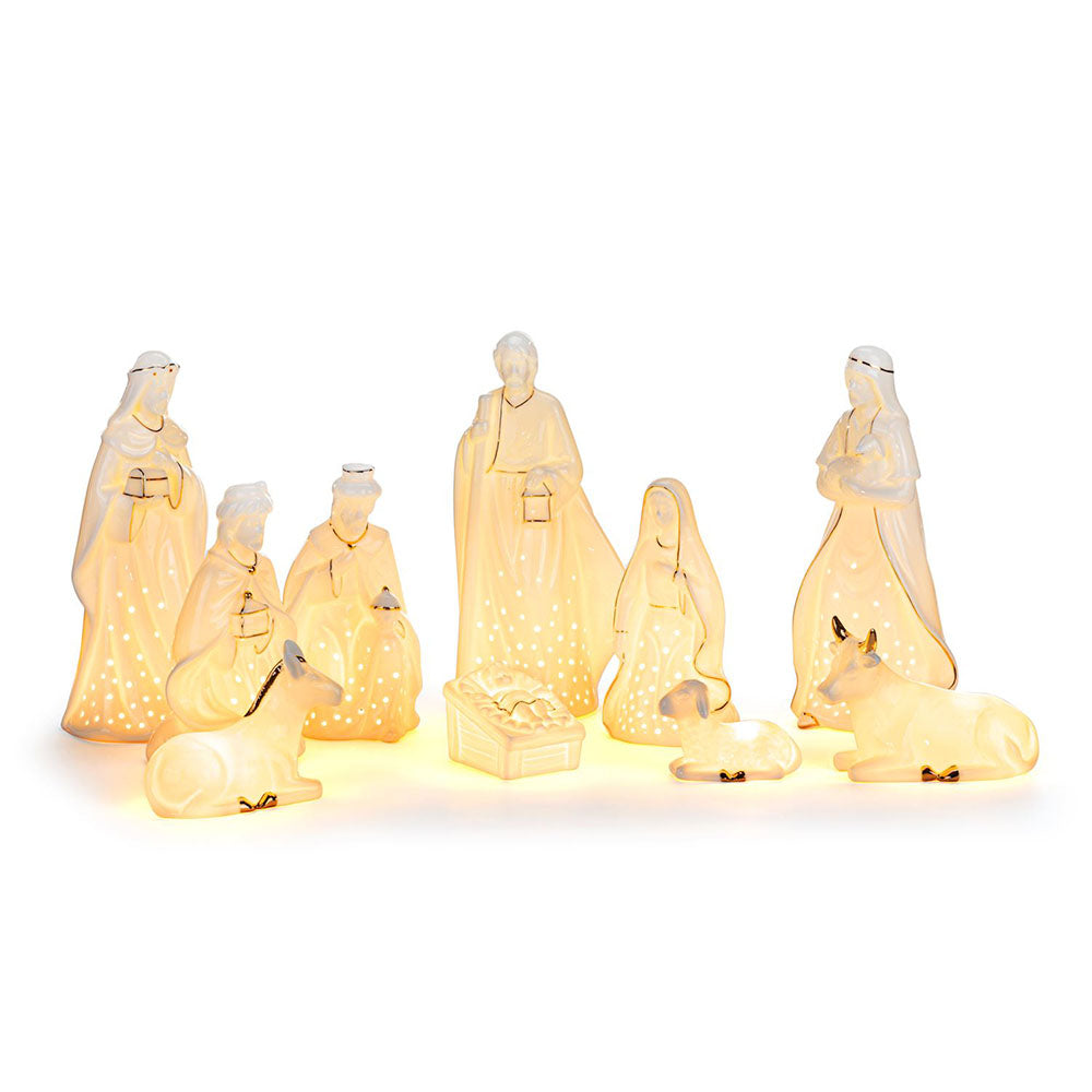 Gold & White Ceramic LED Nativity Set - 10 Pieces