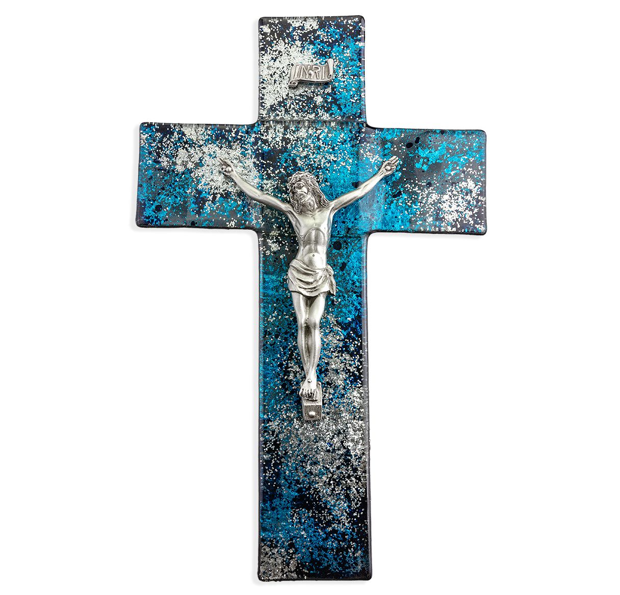 Blue & Silver Shimmer Glass Crucifix - 10"