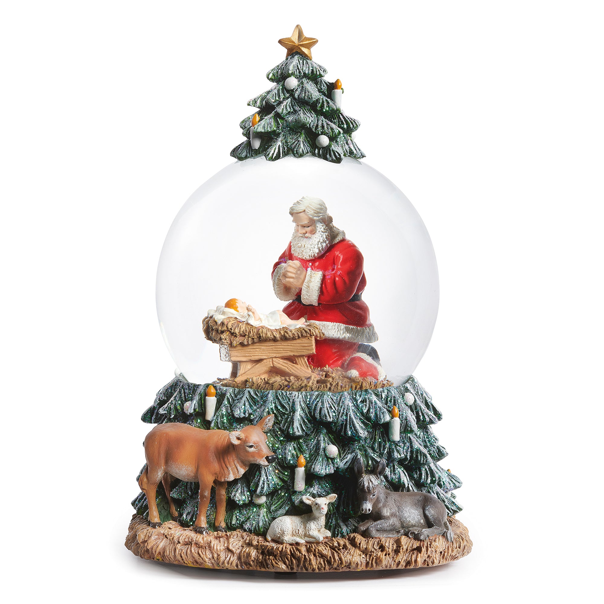 Kneeling Santa & Baby Jesus Rotating Snow Globe - 7.5"