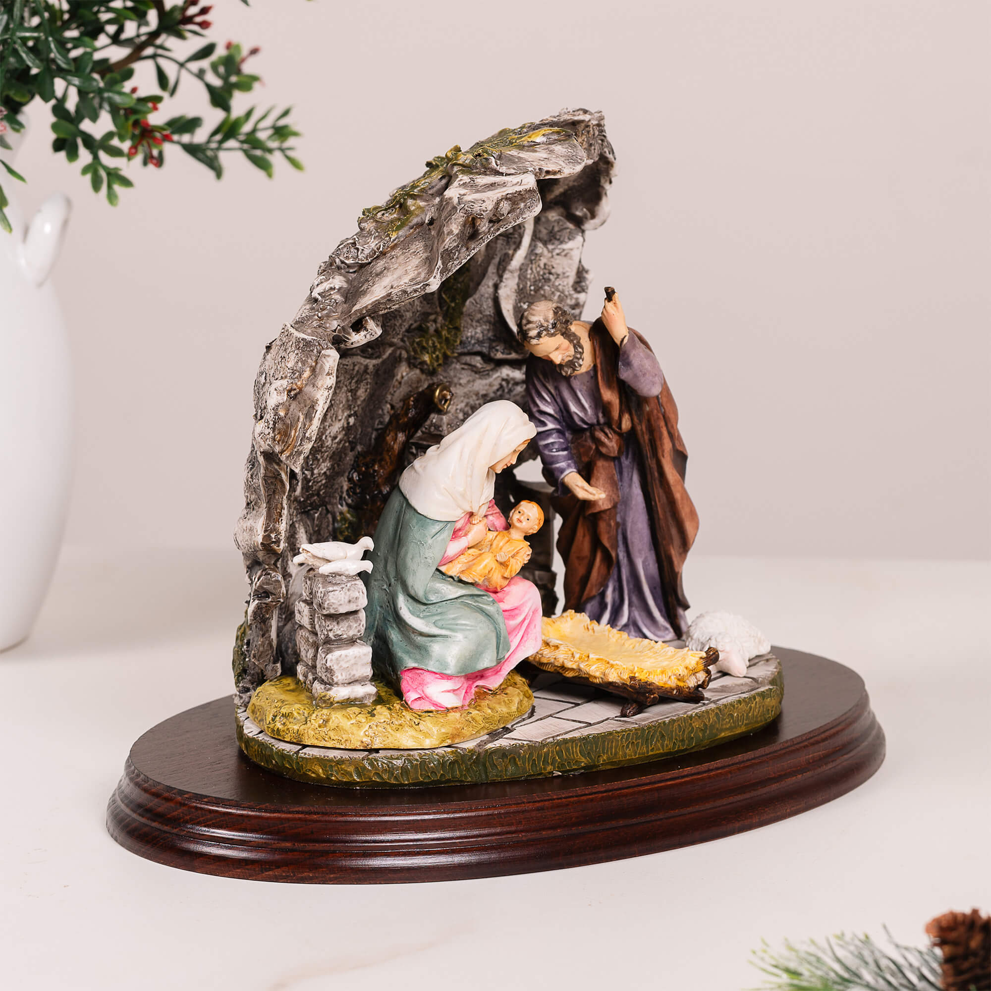 Holy Family in the Stable on Wood Base - 10"